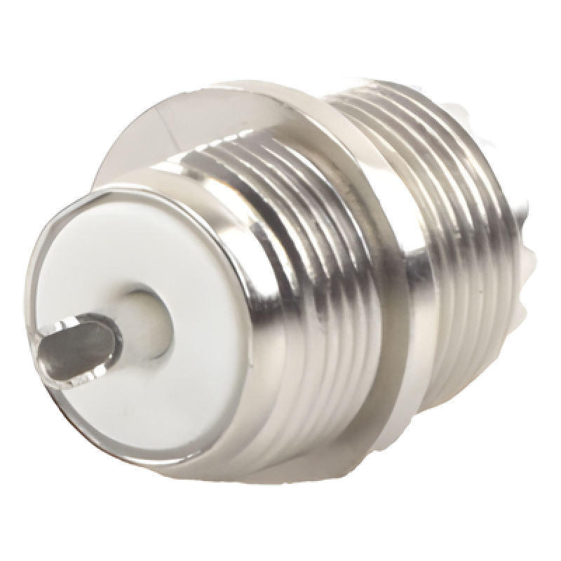 Conector UHF Hembra (SO-239) en Línea, Montaje Frontal en D Plano, Níquel/ Plata/ Baquelita.