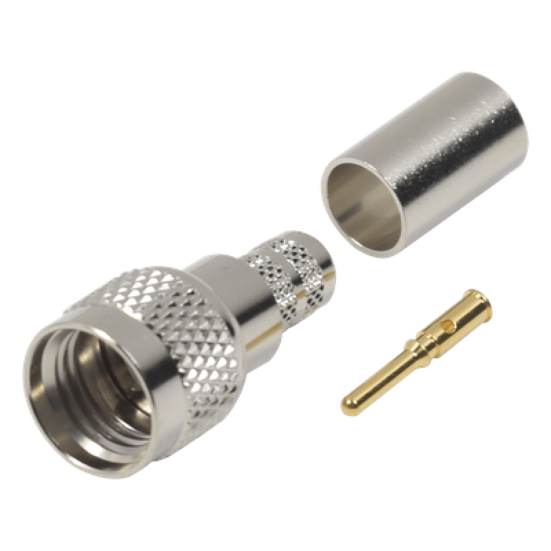 Conector Mini-UHF Macho, 50 Ohm de Anillo Plegable para LMR-240, RG-8/X, 9258, Niquel/ Oro/ Delrin.