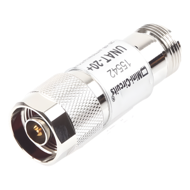 Atenuador en Línea de 20 dB, 0.5 W, Conectores N Macho-Hembra, CD-6 GHz.