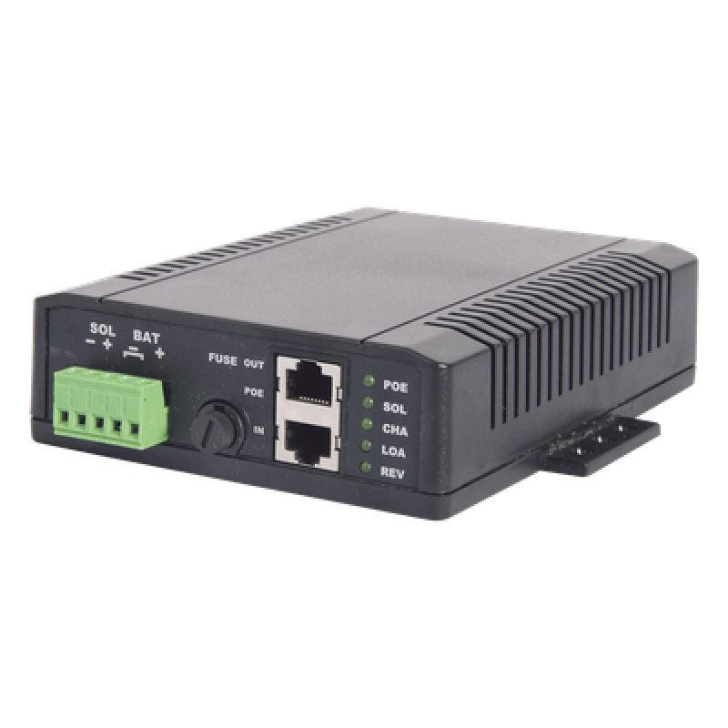 Controlador Solar POE, Entrada 12 Vcc Hasta un Panel Solar de 125 Watts, Salida PoE Pasivo en 12 Vcc Hasta 10 Watts Máximo.