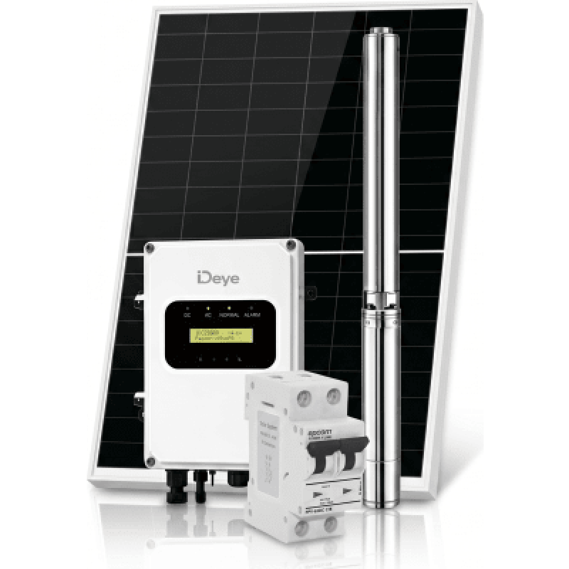 Kit de Bombeo Solar 1500W (1 HP) / Bomba Sumergible con Controlador Integrado 60-220V CD / 4 Módulos Solares 540W / Interruptor Termomagnético 2P 20A 800V CC / Protector de Descargas Atmosféricas / Gabinete IP66