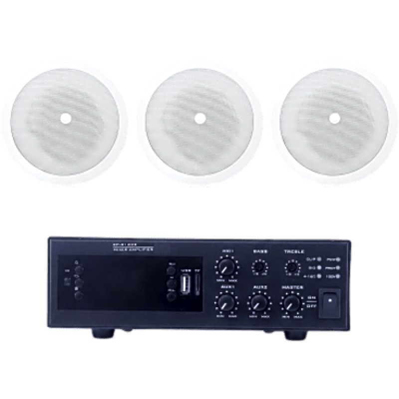Kit de Sonido Ambiental / Amplificador 120W / 3 Altavoces de Plafón 5" / Sistema 70/100V / Bluetooth y USB / Entrada XLR Phantom 48V