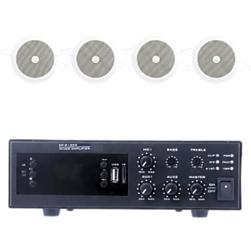 Kit de Sonido para Instalación / Amplificador 120W / 4 Altavoces de Plafón 4" / Sistema 70/100V / Bluetooth y FM