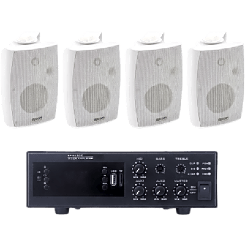 KIT de Amplificador de 120W para Escritorio | 4 Altavoces de Pared color Blanco 2.5W - 20W | Sistema 70/100V