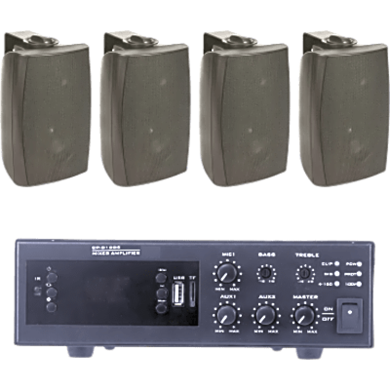 KIT de Amplificador de 120W para Escritorio | 4 Altavoces de Pared color Negro 2.5W - 20W | Sistema 70/100V