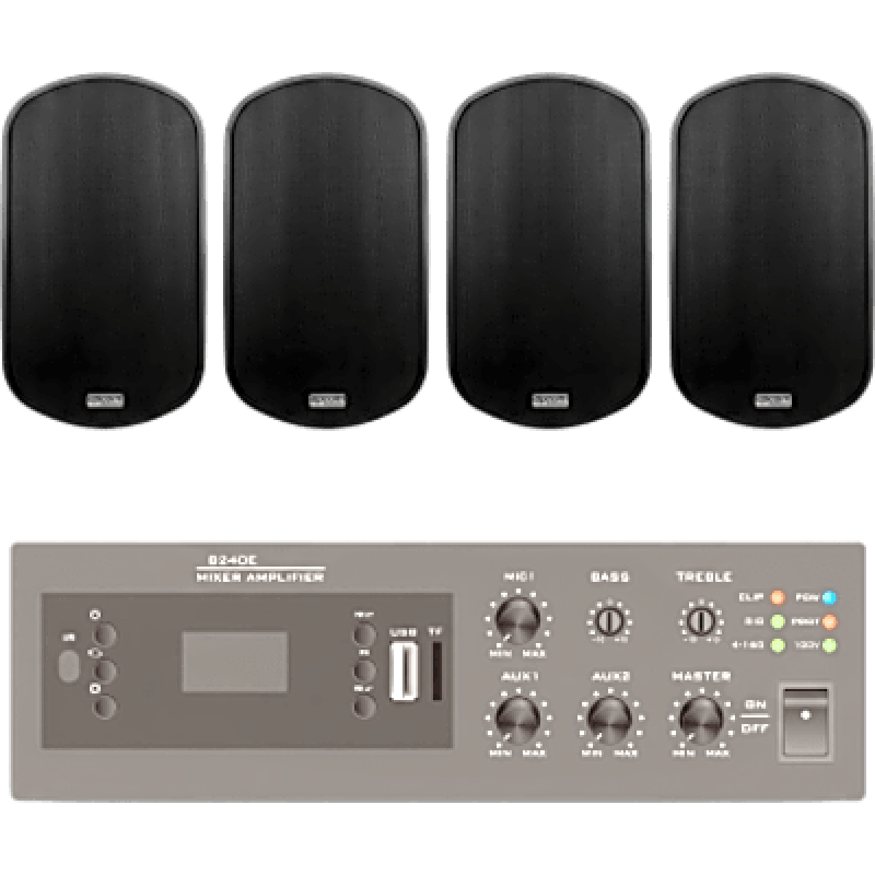 KIT de Amplificador de 240W para Escritorio | 4 Altavoces de Pared color Negro 3W - 50W | Sistema 70/100V