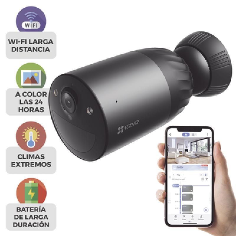 EZVIZ CS-BC1C/4K Cámara WIFI / 4K / Batería Recargable Compatible con Panel Solar CS-CMTSOLARPANEL-E/ 2.8mm / Conector Tipo C / Audio Dos Vías / Visió