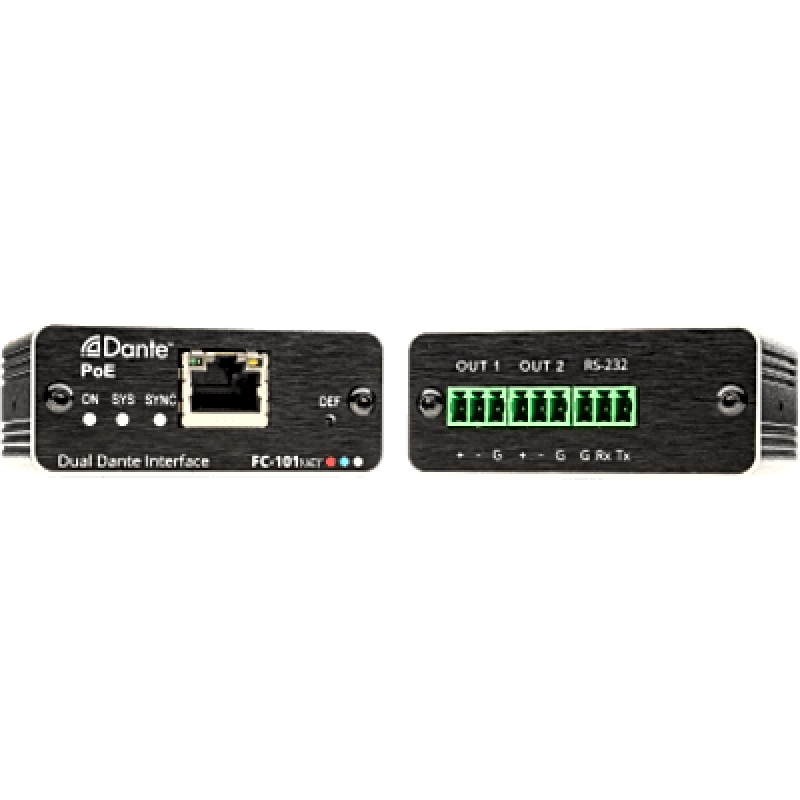 Decodificador Dante | 2 Canales | Salidas Mono Balanceadas | Alimentación PoE | Control de Volumen | Conversión 32 bits | Frecuencia de Muestreo 96 kHz | Kramer Protocol 3000