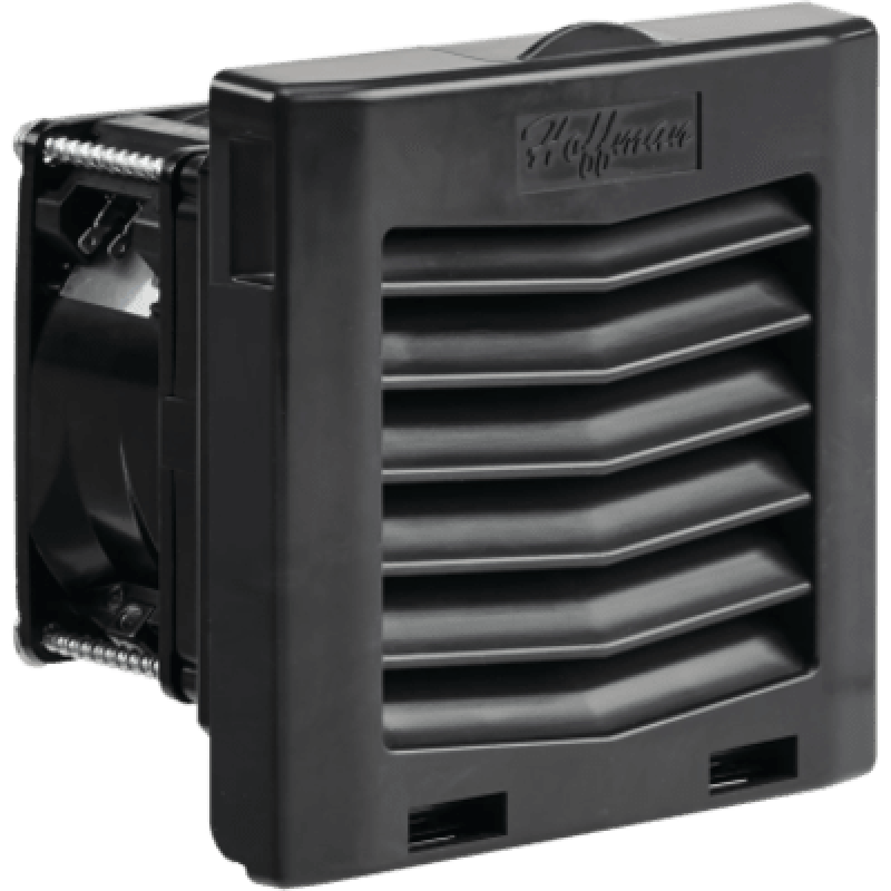 Ventilador con Filtro de Montaje Lateral HF04 / Flujo de Aire 21 CFM (36 m³/h) / 48 V / Negro Grafito RAL 9011 / Instalación Click-Fit sin Herramientas / Rejilla con Bisagras / Type 12