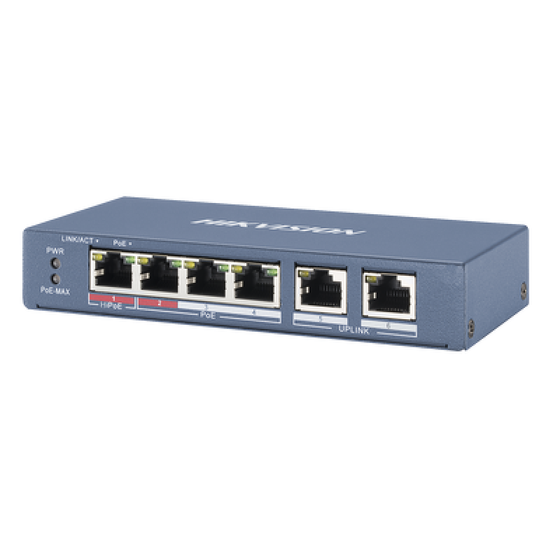 HIKVISION DS-3E0106HP-E Switch PoE+ / No Administrable / 3 Puertos 10/100 Mbps 802.3 af/at (30 W) + 1 Puerto 10/100 Mbps Hi-PoE (60 W) / 2 Puertos 10/