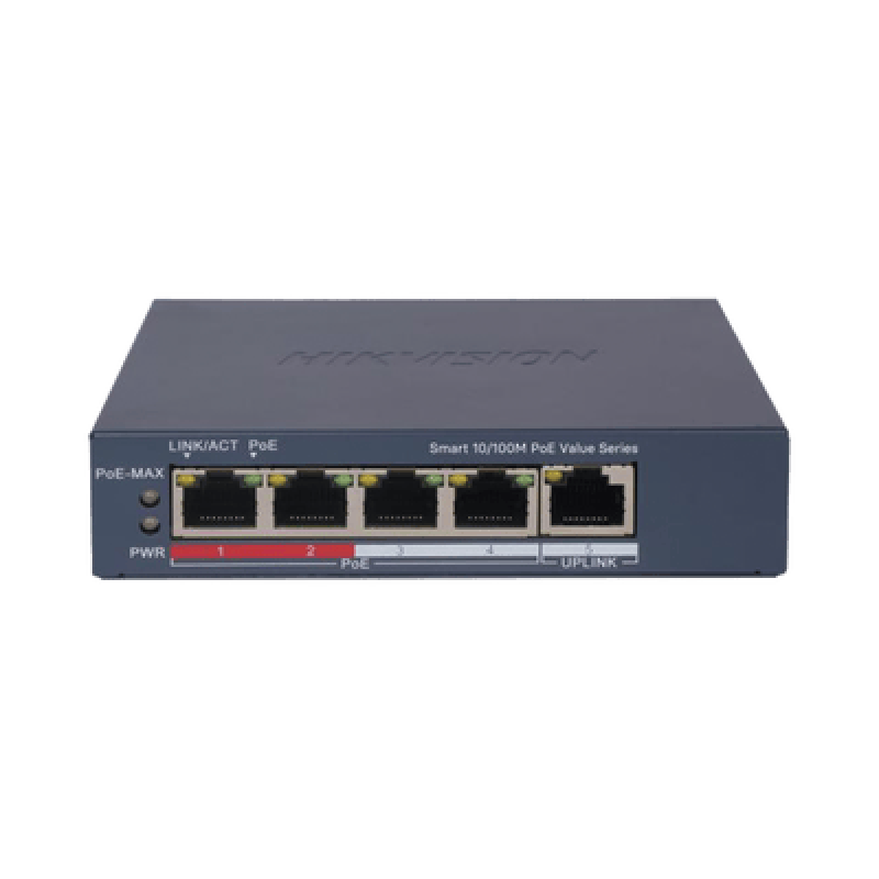 HIKVISION DS-3E1105P-EI/M Switch PoE+ / Monitoreable / 4 Puertos 10/100 Mbps PoE+ / 1 Puerto 10/100 Mbps Uplink / Configuración Nube Hik-PartnerPro /