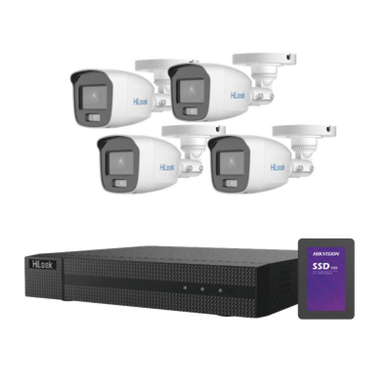 HiLook by HIKVISION HL-1080-CV/A/1TB Kit TurboHD 1080p + SSD 1 TB / DVR 4 Canales / 4 Cámaras Bala ColorVu con Micrófono Integrado / Fuente de Poder /