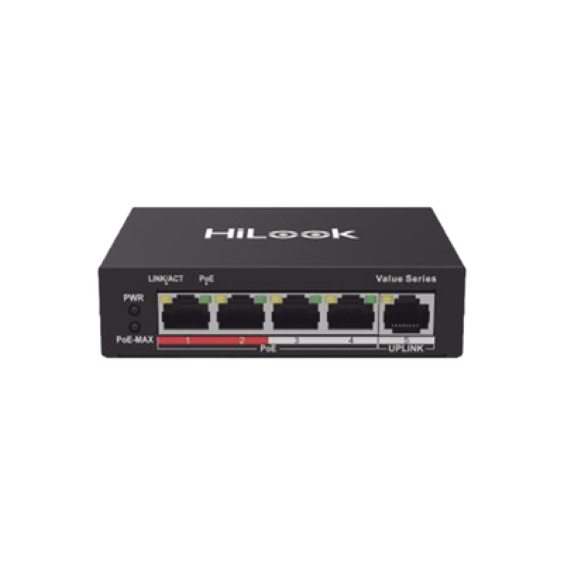 HiLook by HIKVISION NS-0105P-35(B) Switch PoE+ / 4 Puertos 10/100 Mbps PoE+ (af / at) / 1 Puerto 10/100 Mbps Uplink / Modo Extendido hasta 250 Metros