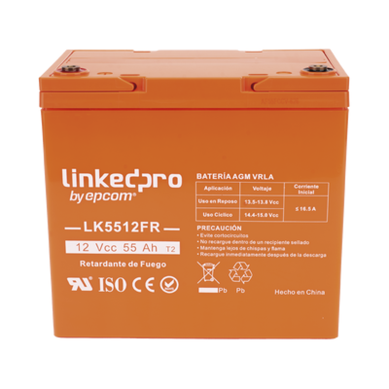 Batería de Respaldo AGM-VRLA / 12 V / 55 Ah / Terminales T2 / Vida Útil 5 Años / UL94-V0 / 230 x 139 x 215 mm (9.1 x 5.5 x 8.5 in)