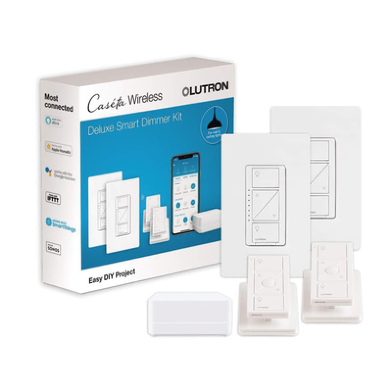 Kit de inicio de iluminación inteligente con hub Smart Bridge, 2 atenuadores de pared sin neutro, 2 controles Pico con pedestal de mesa y 2 placas, Caseta Wireless