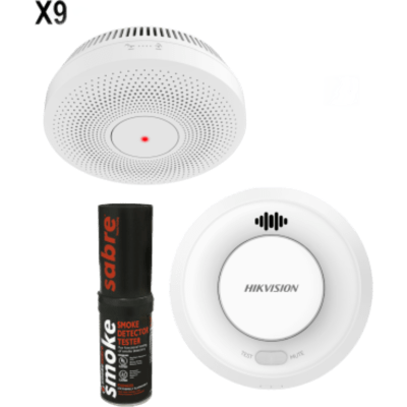 Kit de Detección de Humo / 9 Detectores Interlink + Hub Wi-Fi / Interconectable 30 Dispositivos / Batería 10 Años / Alarma 85 dB / Probador SABRE Incluido / Hik-Connect