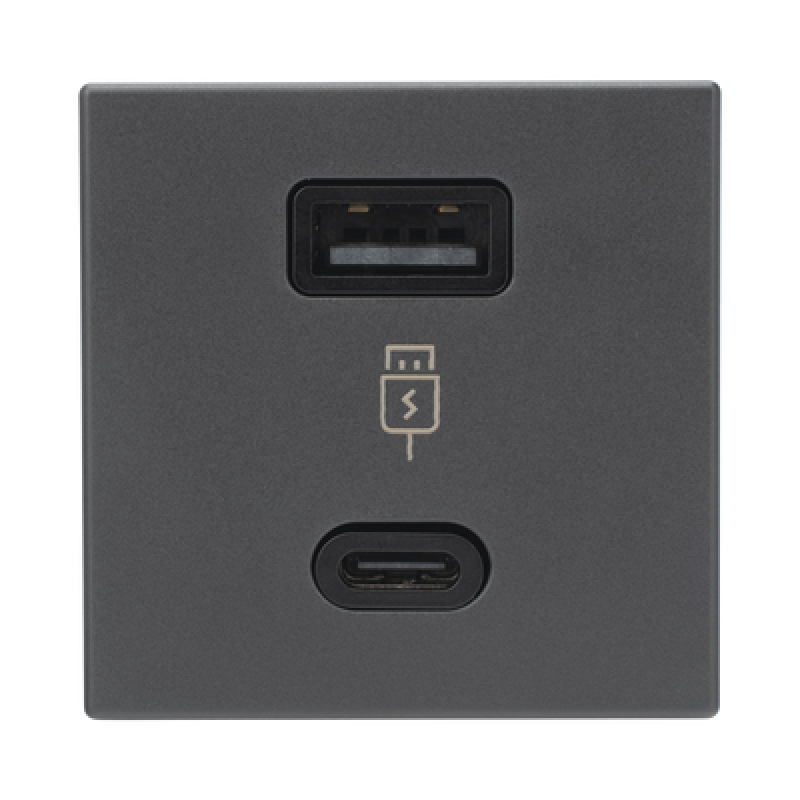 Módulo Doble USB Tipo A+C / Carga Rápida 30W / Color Negro / 45x45 mm / Compatible Torres y Cajas K45