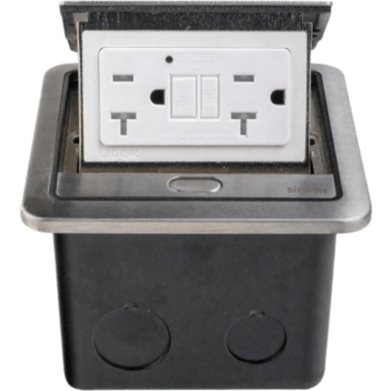 Caja de Piso IP44 con GFCI / 20 A / 2500 W / AUTOTEST / Acero Inoxidable / Push to Open / Protección Aguas Abajo / Seguridad TR / Uso en Piso Falso