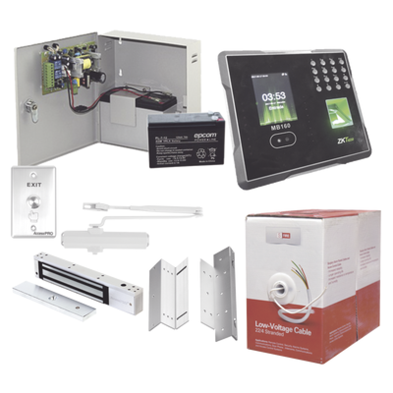 SYSCOM ACCESSKIT12 Sistema Completo de Acceso Y asistencia, Incluye Lector Biometrico MB160ID, Chapa magnética con bracket, Cierra puerta, Botón de Sa
