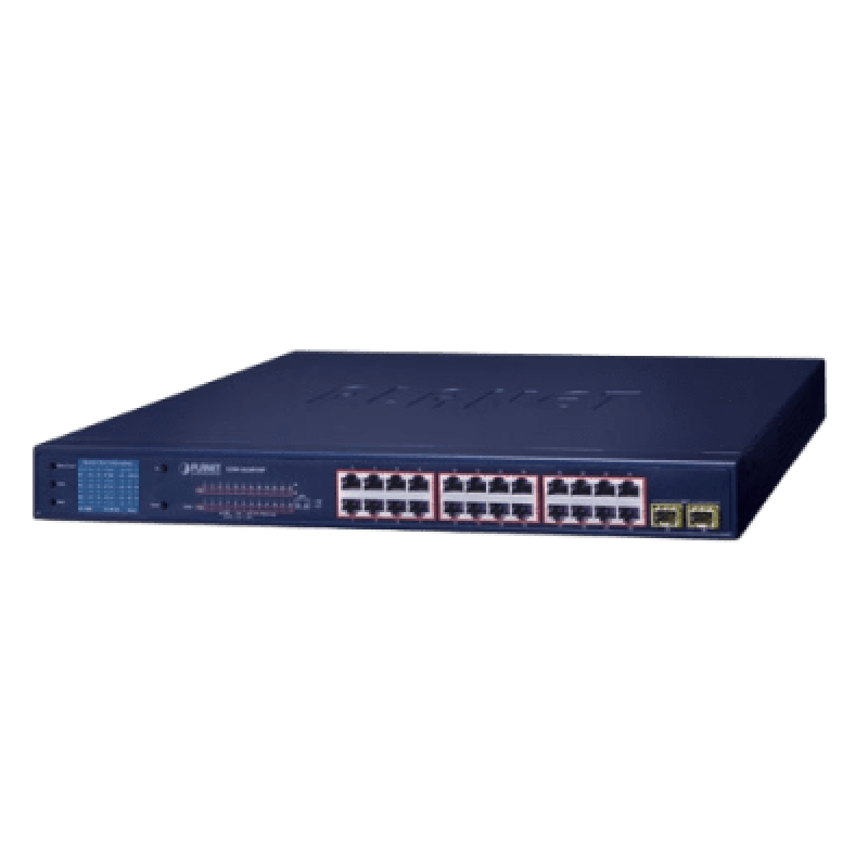 PLANET GSW-2620VHP Switch PoE de 24 Puertos Gigabit 802.3af/at con Modo Extendido 250 m, 2 Puertos SFP 1000SX , Pantalla LCD para Configuración Básica