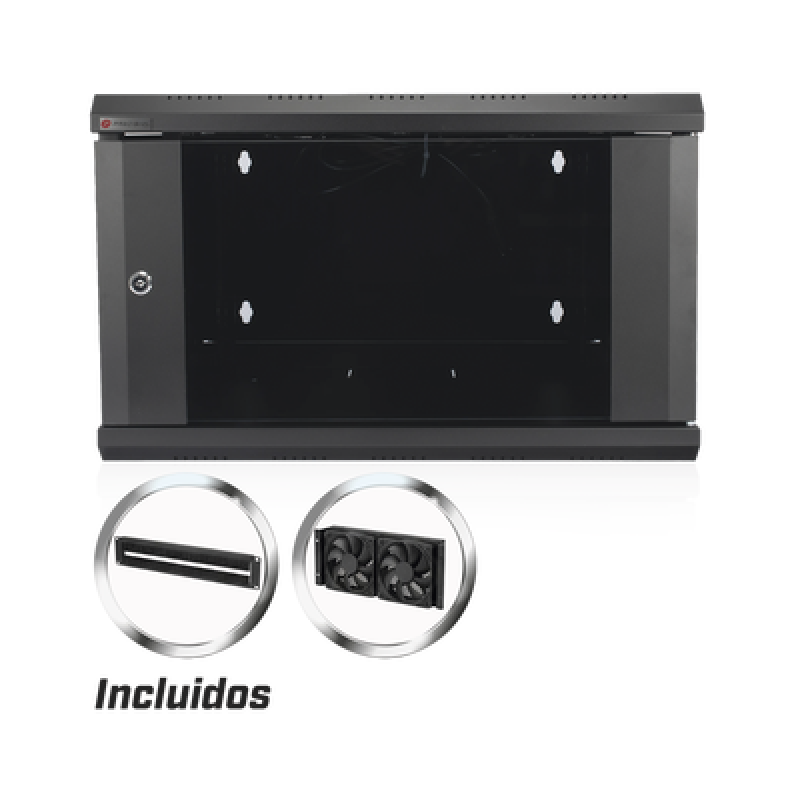 Gabinete de Pared Desarmado / 6U / 19 Pulgadas / 600 x 550 x 382 mm / Cristal Templado 5 mm / Carga Estática 60 kg / Acero SPCC RAL 9004 / IP20 Interior / RoHS