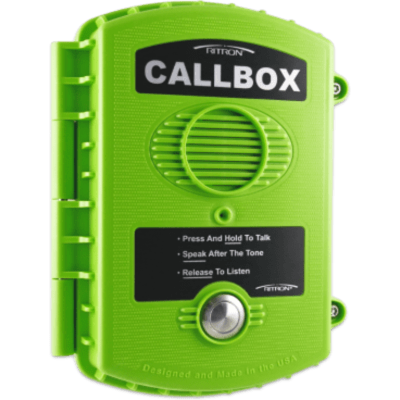 Callbox Inalámbrico UHF / Frecuencia 450-470 MHz / Gabinete IP57 Policarbonato / Alimentación Baterías D o Externa / Antena Interna Ajustable / Botón PTT Antivandálico
