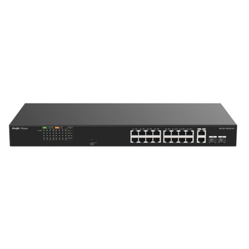 RUIJIE RG-ES118FGS-LP Switch PoE+ no Administrable, Hasta 120 Watts, Ideal para CCTV, 16 Puertos PoE +10/100, 2 Uplinks Gigabit y 2 SFP COMBO
