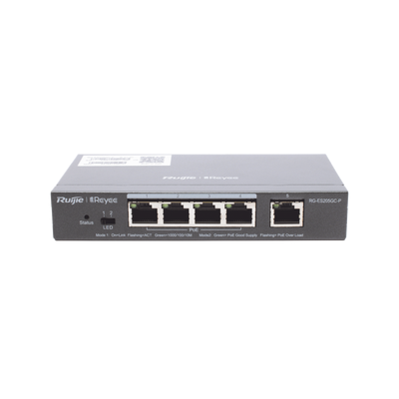 RUIJIE RG-ES205GC-P Switch Administrable PoE con 5 puertos Gigabit, 4 PoE 802.3af/at, gestión gratuita desde la nube, 54w
