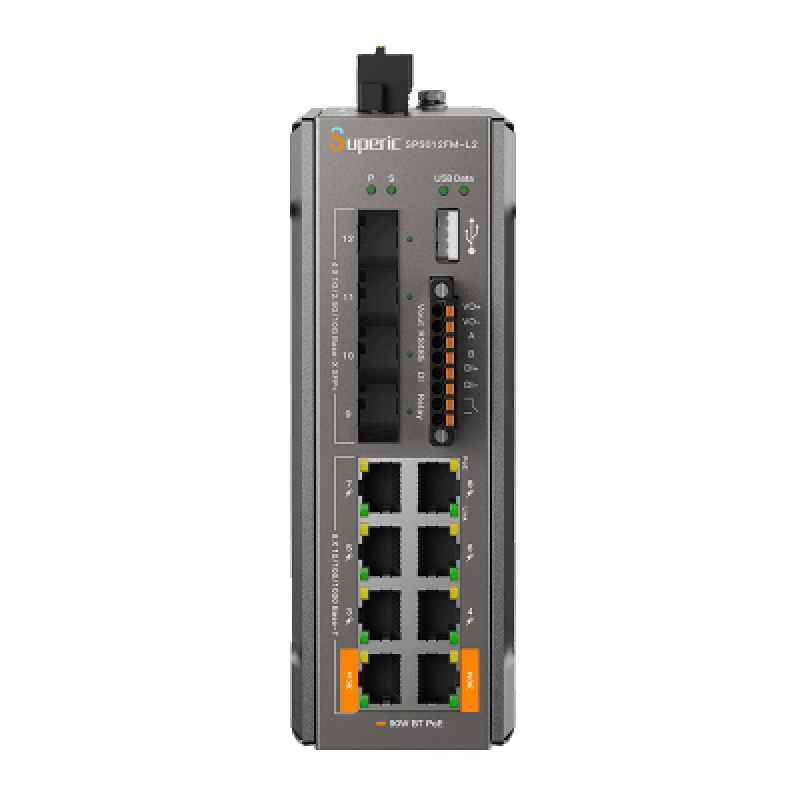 Switch de Red SP5012FM-L2 (V2) / 8 Puertos 10/100/1000Mbps PoE / 4 Puertos SFP 1000M/2.5G/10Gbps / Capacidad de Conmutación 96Gbps / Presupuesto PoE 240W / Alimentación Dual DC / Instalación DIN-rail, Pared o Escritorio / Certificaciones CE, FCC, RoHS,