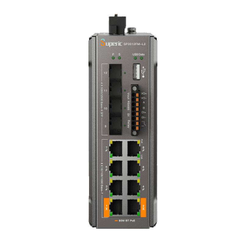 Switch de Red SP3012FM-L2(V3) / 8 Puertos 10/100/1000Mbps PoE / 4 Puertos SFP 1000M/2.5Gbps / Capacidad de Conmutación 36Gbps / Presupuesto PoE 240W / Alimentación Dual DC / Instalación DIN-rail, Pared o Escritorio / Certificaciones CE, FCC, RoHS, UKCA