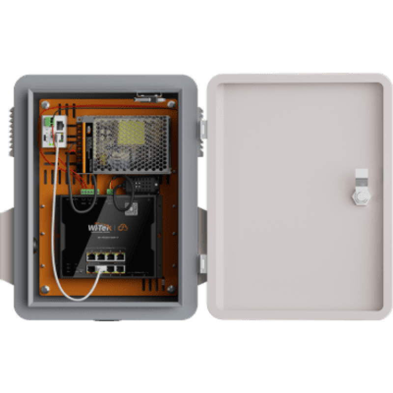 Gabinete todo en uno, protección IP55, switch PoE++ 90W BT, 8 puertos Gigabit, 2 SFP, 20 Gbps, capacidad 150W, sensores: temperatura, humedad y relay