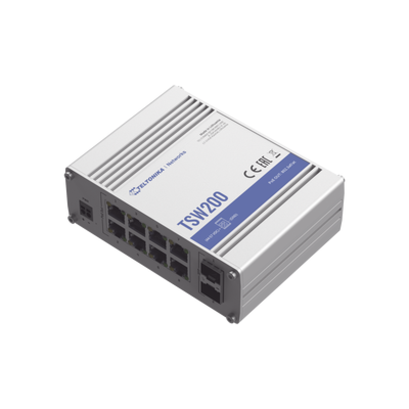 TELTONIKA TSW200 Switch Industrial No-Administrable 8 puertos Gigabit PoE 802.3af/at, 2 puertos SFP