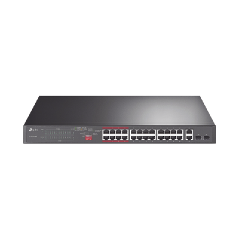 Switch No Administrable 24 Puertos PoE+ 10/100 Mbps / 2 Puertos 10/100/1000 Mbps + 2 Puertos SFP (combo) / Modo Prioridad de Tráfico / Modo Aislamiento de Red / Presupuesto PoE de 250 W / Diseño para Ideal para Vigilancia IP