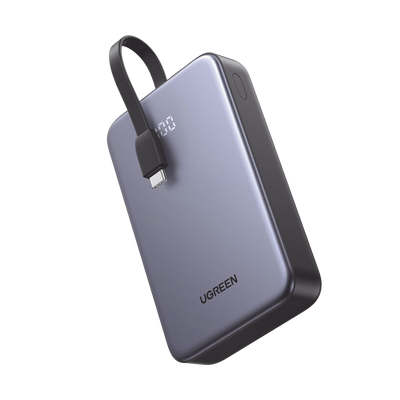 Power Bank Portatil | 20000mAh (74Wh) | 30W | Con Cable USB-C Incorporado | 2 Salidas 22,5W | Pantalla Inteligente | Multiple Proteccion | Aprobado por Aerolíneas | Color Grey.