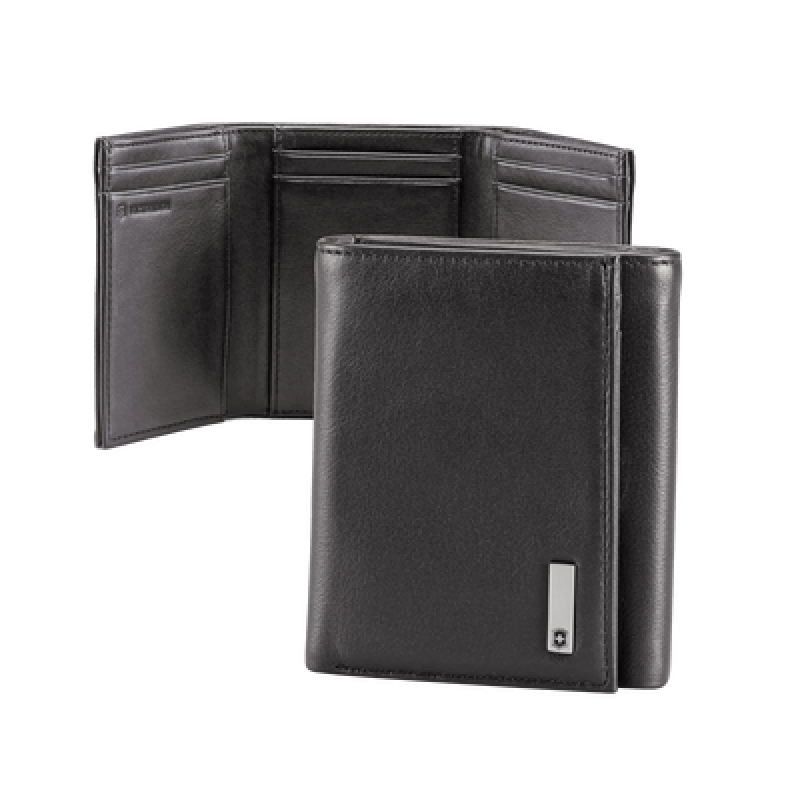 Cartera Athens Negra de Piel con Compartimento de Micromalla para ID. Doblable en 3 Partes con Divisor de Billetes. Pocket Wallet